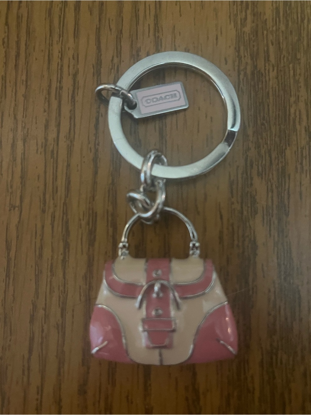 Coach Silver Keyring with Pink Logo Tag